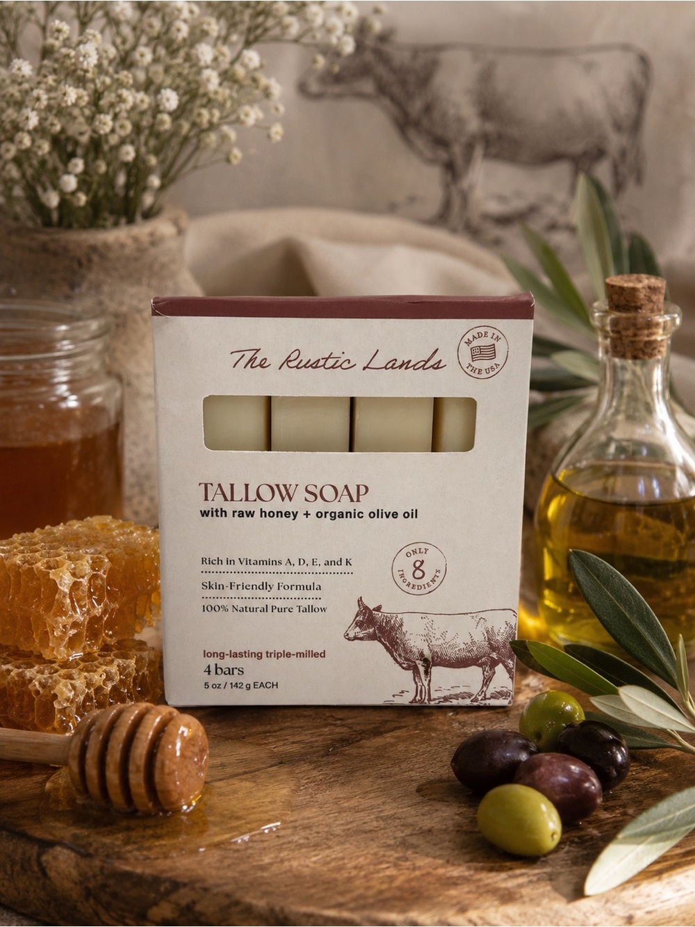 ✨The Rustic Lands - Tallow Soap with Raw Honey & Organic Olive Oil - 4 Bars✨
